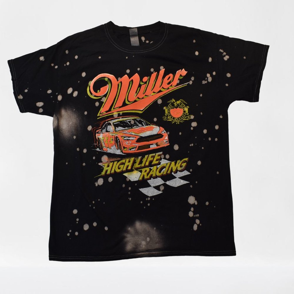 Mens Miller High Life Racing Splatter Dye Black Shirt New Large